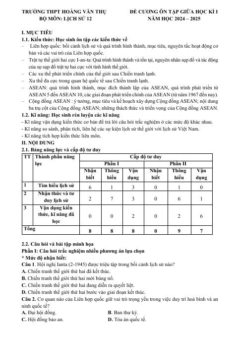 Đề cương ôn tập Giữa kì 1 Lịch sử 12 năm 2024–2025 trường THPT Hoàng Văn Thụ (Hà Nội)